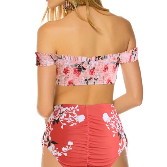 New Womens Pink Off-the-shoulder Printed Smocked High Waist Bikini - Picture 8 of 10